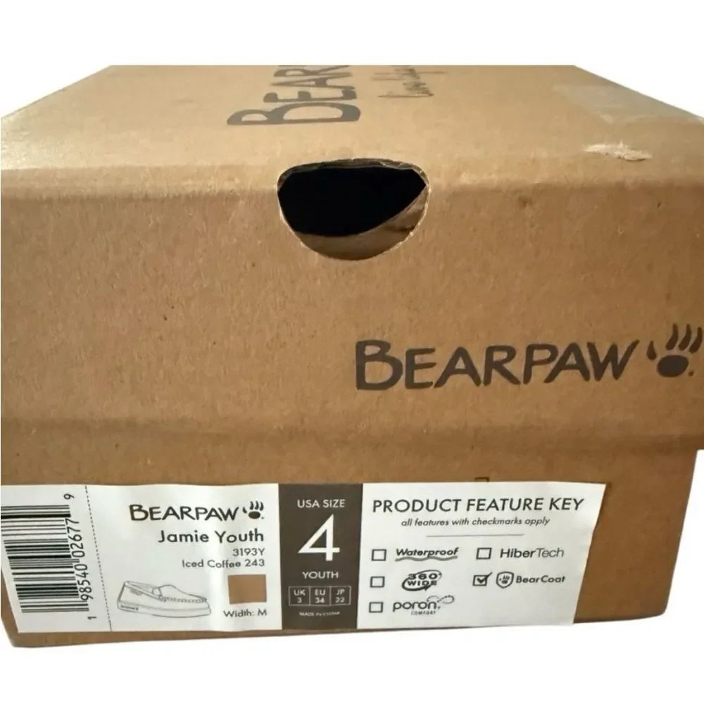 BEARPAW Jamie Youth Moccasin Loafers Suede Wool Lined Iced Coffee Size 4 NIB